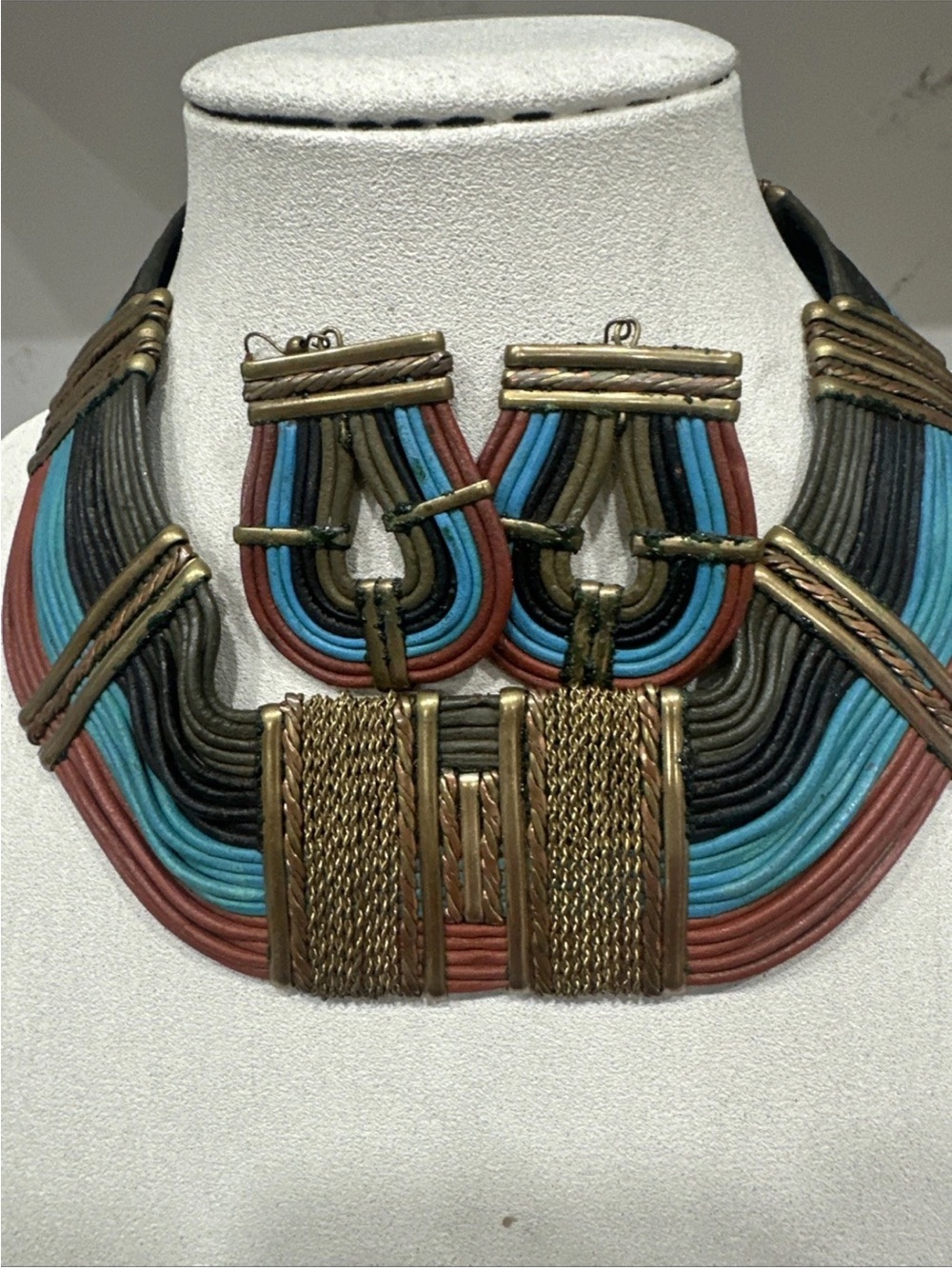Vtg 70s Tribal Alexis Kirk Leather Copper Egyptian Choker Necklace & Earrings
